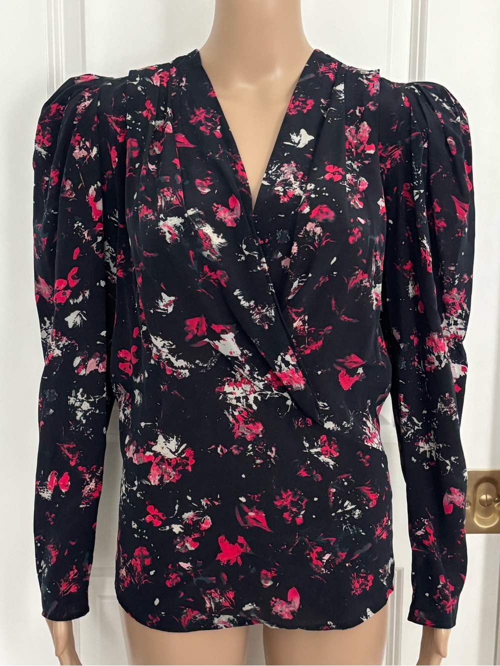 IRO Black Floral Wrap style Blouse with Pink and White Accents